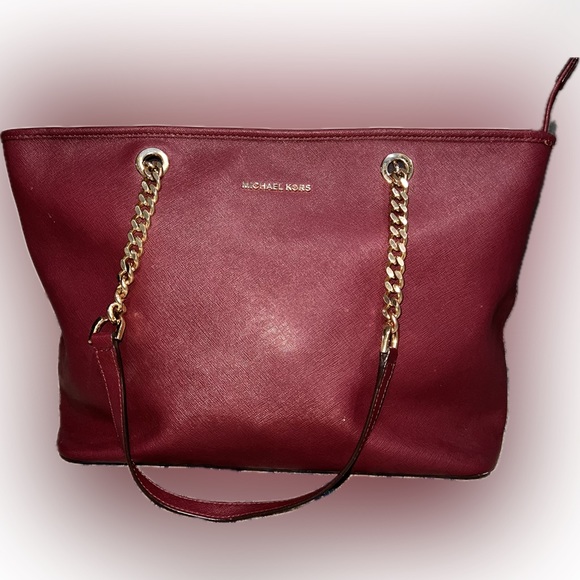 MICHAEL Michael Kors Handbags - Michael Kors burgundy Saffiano Leather Chain Tote Bag